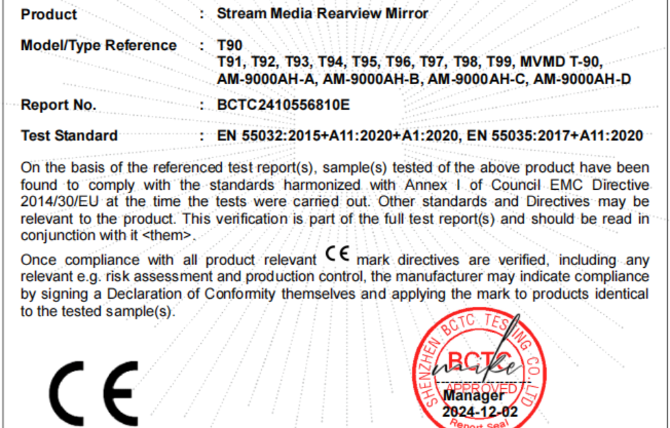 Great news: AOTOP's T90 electronic rearview mirror system successfully obtained CE certification!